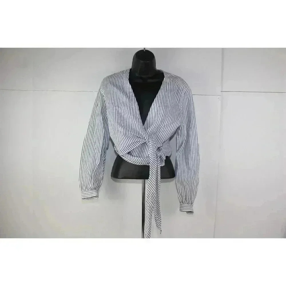 Rag & Bone Striped Wrap Tie Front Crop Blouse Blue White XS